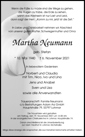 Anzeige von Martha Neumann von Kölner Stadt-Anzeiger / Kölnische Rundschau / Express