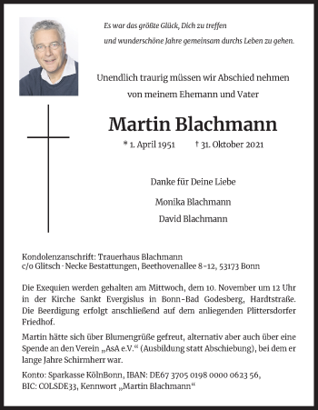 Anzeige von Martin Blachmann von Kölner Stadt-Anzeiger / Kölnische Rundschau / Express