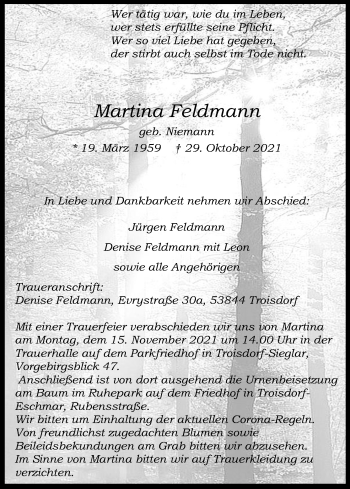 Anzeige von Martina Feldmann von Kölner Stadt-Anzeiger / Kölnische Rundschau / Express