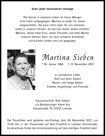 Anzeige von Martina Sieben von Kölner Stadt-Anzeiger / Kölnische Rundschau / Express