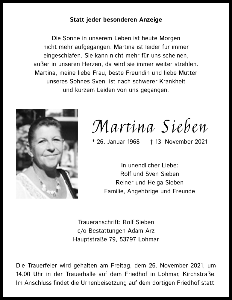 Traueranzeigen von Martina Sieben | WirTrauern