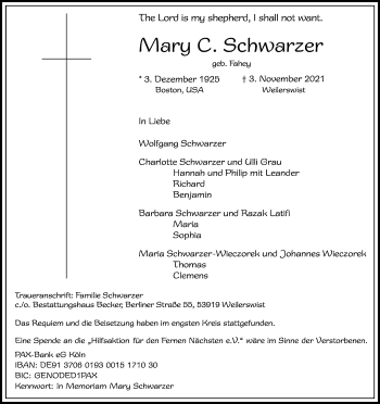 Anzeige von Mary C. Schwarzer von Kölner Stadt-Anzeiger / Kölnische Rundschau / Express