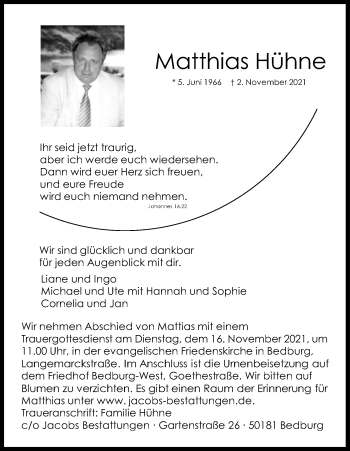 Anzeige von Matthias Hühne von Kölner Stadt-Anzeiger / Kölnische Rundschau / Express