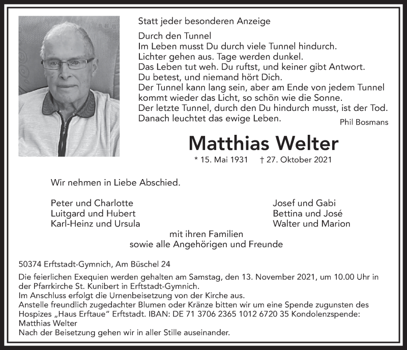  Traueranzeige für Matthias Welter vom 05.11.2021 aus  Werbepost 