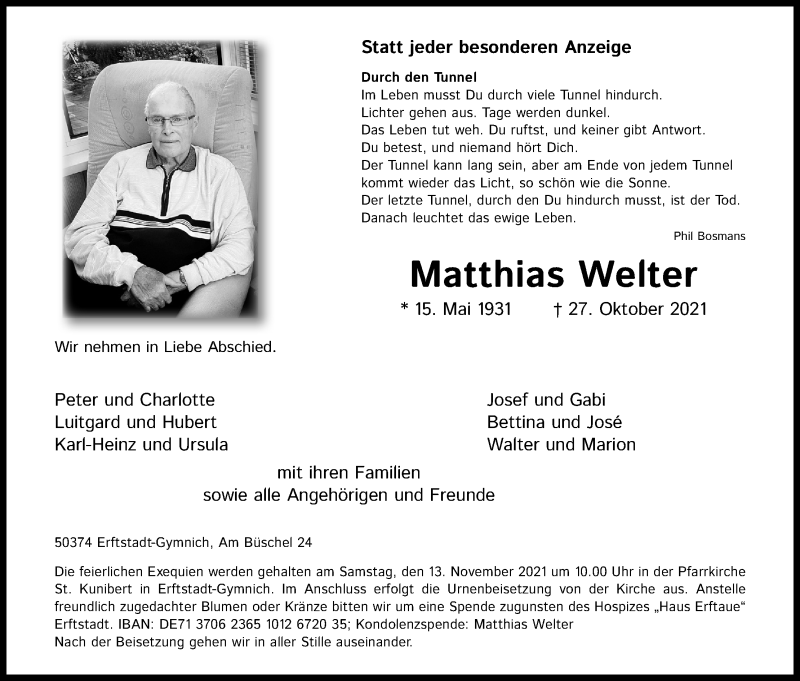  Traueranzeige für Matthias Welter vom 09.11.2021 aus Kölner Stadt-Anzeiger / Kölnische Rundschau / Express