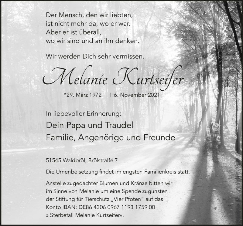  Traueranzeige für Melanie Kurtseifer vom 12.11.2021 aus  Lokalanzeiger 