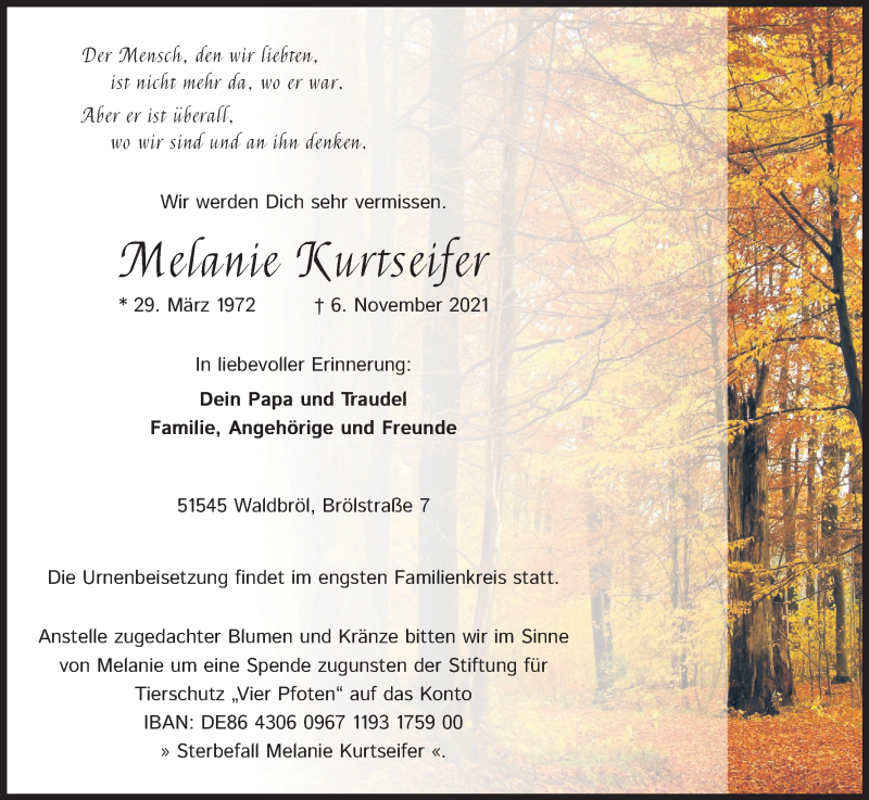  Traueranzeige für Melanie Kurtseifer vom 13.11.2021 aus Kölner Stadt-Anzeiger / Kölnische Rundschau / Express