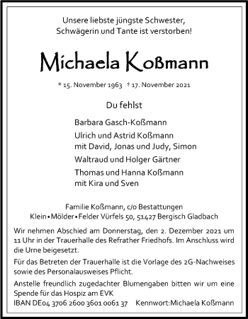 Anzeige von Michaela KOßmann von Kölner Stadt-Anzeiger / Kölnische Rundschau / Express