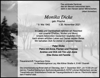 Anzeige von Monika Dicke von Kölner Stadt-Anzeiger / Kölnische Rundschau / Express