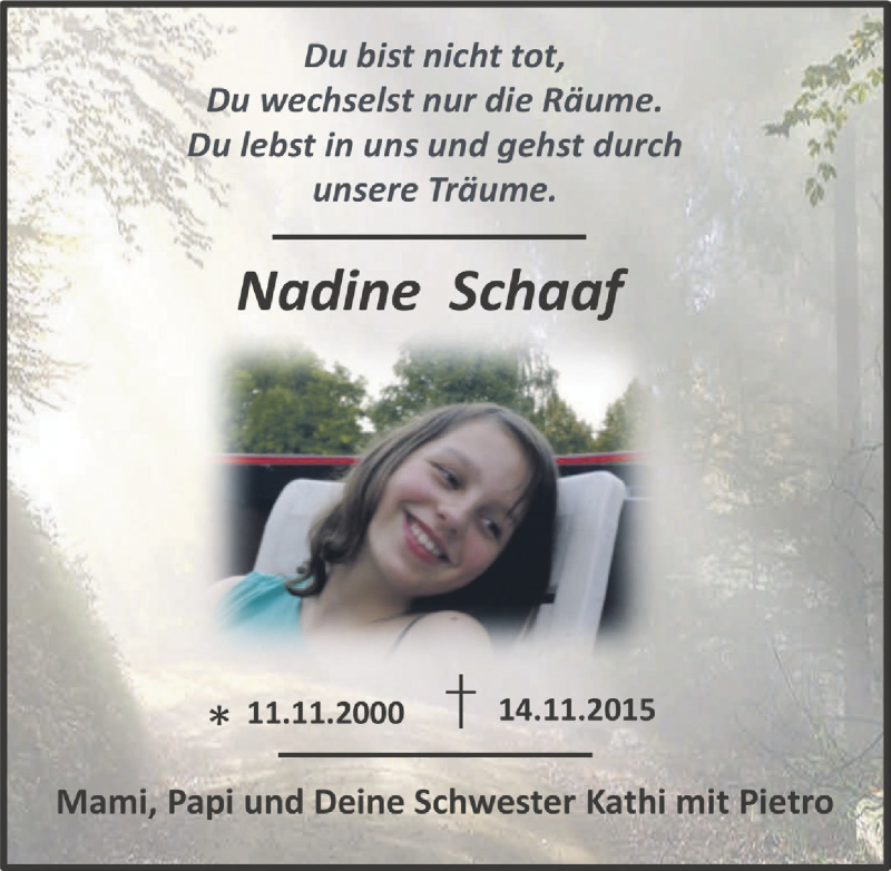  Traueranzeige für Nadine Schaaf vom 12.11.2021 aus  Anzeigen Echo 