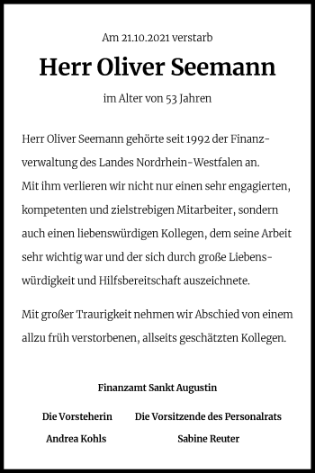 Anzeige von Oliver Seemann von Kölner Stadt-Anzeiger / Kölnische Rundschau / Express