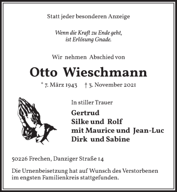 Anzeige von Otto Wieschmann von  Wochenende 