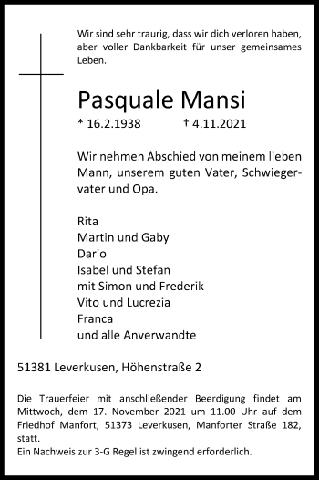 Anzeige von Pasquale Mansi von Kölner Stadt-Anzeiger / Kölnische Rundschau / Express