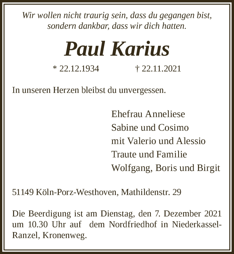  Traueranzeige für Paul Karius vom 26.11.2021 aus  Kölner Wochenspiegel 