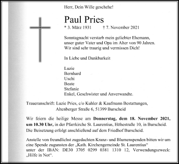 Anzeige von Paul Pries von Kölner Stadt-Anzeiger / Kölnische Rundschau / Express