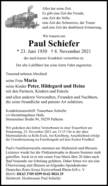 Anzeige von Paul Schiefer von Kölner Stadt-Anzeiger / Kölnische Rundschau / Express