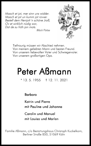 Anzeige von Peter Aßmann von Kölner Stadt-Anzeiger / Kölnische Rundschau / Express