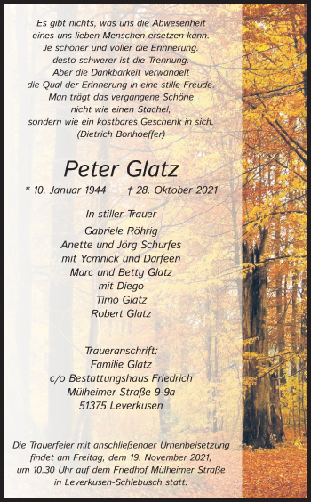Anzeige von Peter Glatz von Kölner Stadt-Anzeiger / Kölnische Rundschau / Express