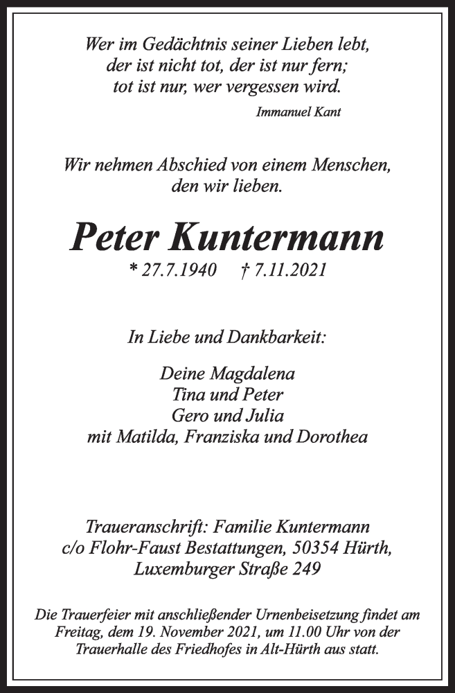  Traueranzeige für Peter Kuntermann vom 12.11.2021 aus  Wochenende 