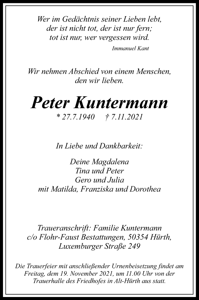  Traueranzeige für Peter Kuntermann vom 13.11.2021 aus Kölner Stadt-Anzeiger / Kölnische Rundschau / Express