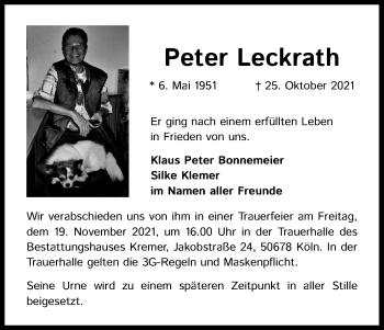 Anzeige von Peter Leckrath von Kölner Stadt-Anzeiger / Kölnische Rundschau / Express