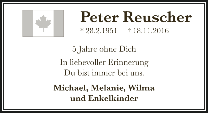  Traueranzeige für Peter Reuscher vom 19.11.2021 aus  Bergisches Handelsblatt 