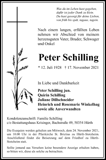 Anzeige von Peter Schilling von Kölner Stadt-Anzeiger / Kölnische Rundschau / Express