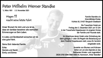 Anzeige von Peter Wilhelm Werner Standke von Kölner Stadt-Anzeiger / Kölnische Rundschau / Express