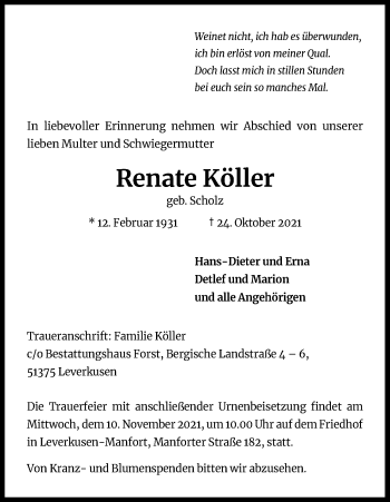 Anzeige von Renate Köller von Kölner Stadt-Anzeiger / Kölnische Rundschau / Express