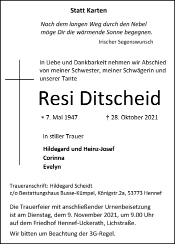 Anzeige von Resi Ditscheid von Kölner Stadt-Anzeiger / Kölnische Rundschau / Express