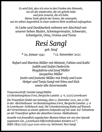 Anzeige von Resi Sangl von Kölner Stadt-Anzeiger / Kölnische Rundschau / Express