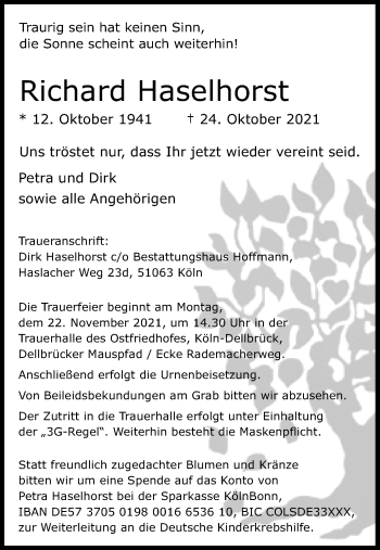 Anzeige von Richard Haselhorst von Kölner Stadt-Anzeiger / Kölnische Rundschau / Express