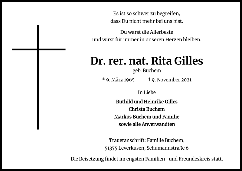  Traueranzeige für Rita Gilles vom 17.11.2021 aus Kölner Stadt-Anzeiger / Kölnische Rundschau / Express