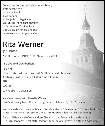 Anzeige von Rita Werner von Kölner Stadt-Anzeiger / Kölnische Rundschau / Express