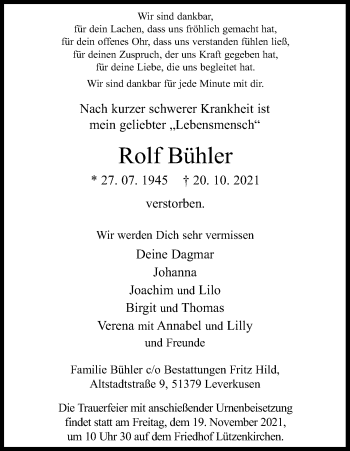 Anzeige von Rolf Bühler von Kölner Stadt-Anzeiger / Kölnische Rundschau / Express