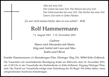 Anzeige von Rolf Hammermann von Kölner Stadt-Anzeiger / Kölnische Rundschau / Express