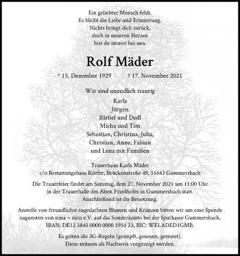Anzeige von Rolf Mäder von Kölner Stadt-Anzeiger / Kölnische Rundschau / Express