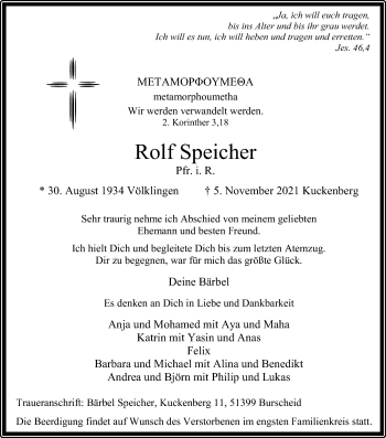Anzeige von Rolf Speicher von Kölner Stadt-Anzeiger / Kölnische Rundschau / Express