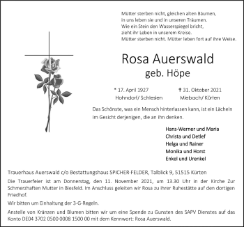 Anzeige von Rosa Auerswald von  Bergisches Handelsblatt 