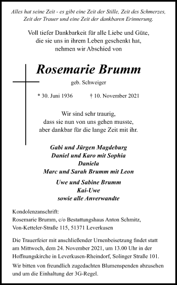 Anzeige von Rosemarie Brumm von Kölner Stadt-Anzeiger / Kölnische Rundschau / Express
