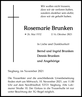 Anzeige von Rosemarie Brunken von Kölner Stadt-Anzeiger / Kölnische Rundschau / Express
