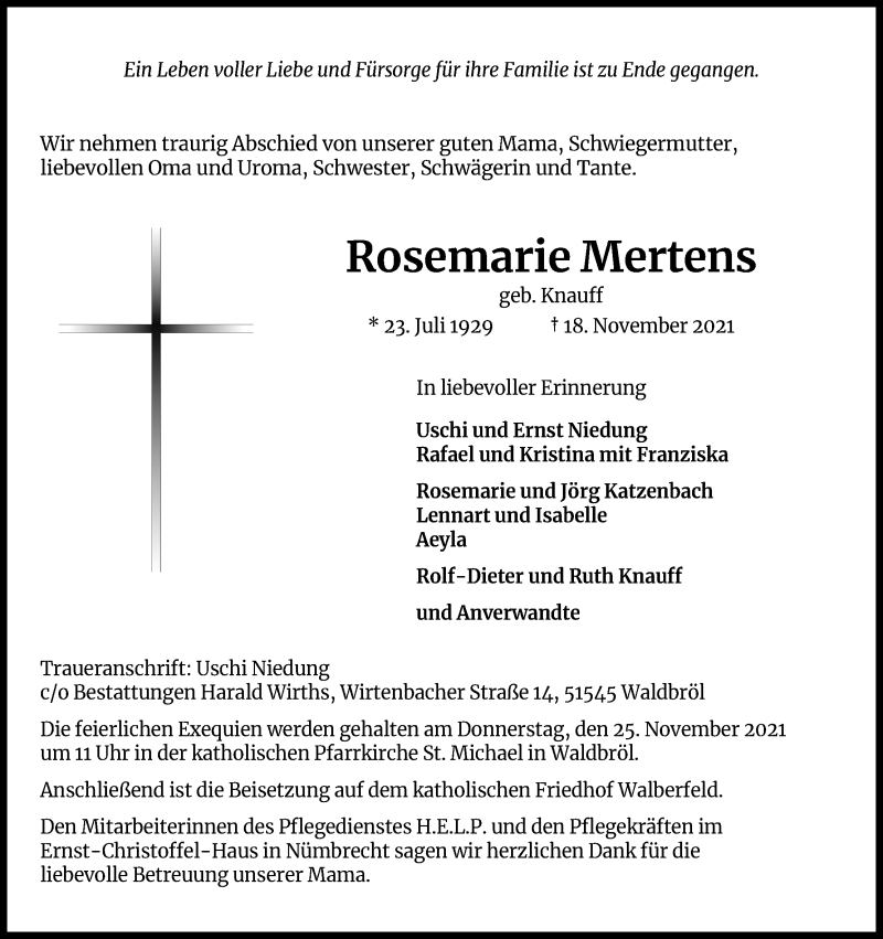  Traueranzeige für Rosemarie Mertens vom 20.11.2021 aus Kölner Stadt-Anzeiger / Kölnische Rundschau / Express