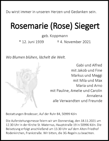 Anzeige von Rosemarie  Siegert von Kölner Stadt-Anzeiger / Kölnische Rundschau / Express