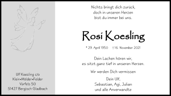 Anzeige von Rosi Koesling von Kölner Stadt-Anzeiger / Kölnische Rundschau / Express