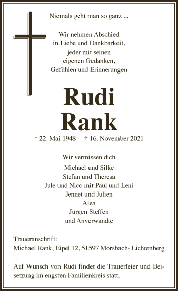Anzeige von Rudi Rank von  Lokalanzeiger 