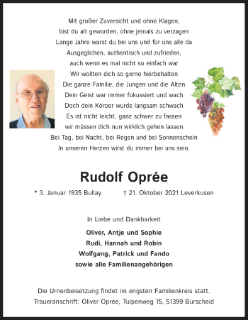 Anzeige von Rudolf Opree von Kölner Stadt-Anzeiger / Kölnische Rundschau / Express