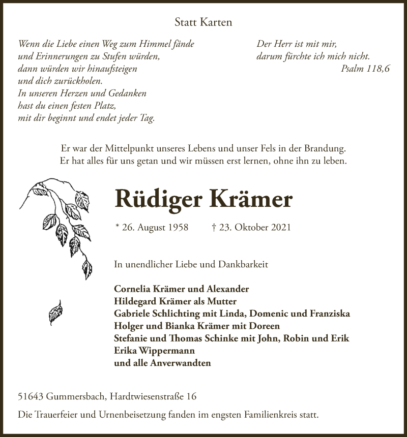  Traueranzeige für Rüdiger Krämer vom 05.11.2021 aus  Anzeigen Echo 