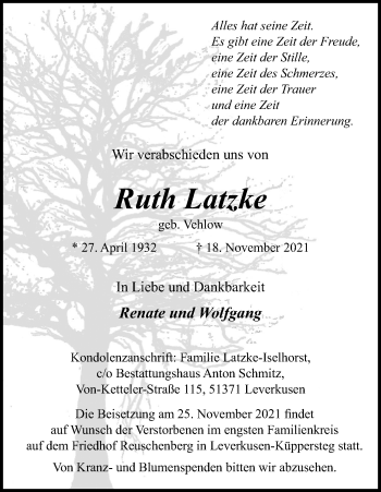 Anzeige von Ruth Latzke von Kölner Stadt-Anzeiger / Kölnische Rundschau / Express
