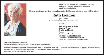 Anzeige von Ruth London von Kölner Stadt-Anzeiger / Kölnische Rundschau / Express