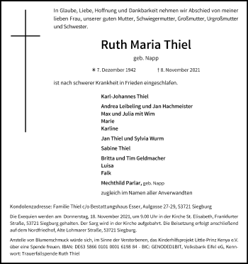 Anzeige von Ruth Maria Thiel von Kölner Stadt-Anzeiger / Kölnische Rundschau / Express